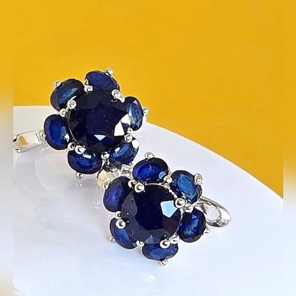 925 Sterling Silver Flower Earrings with Natural Blue Sapphire 6mm Gemstone